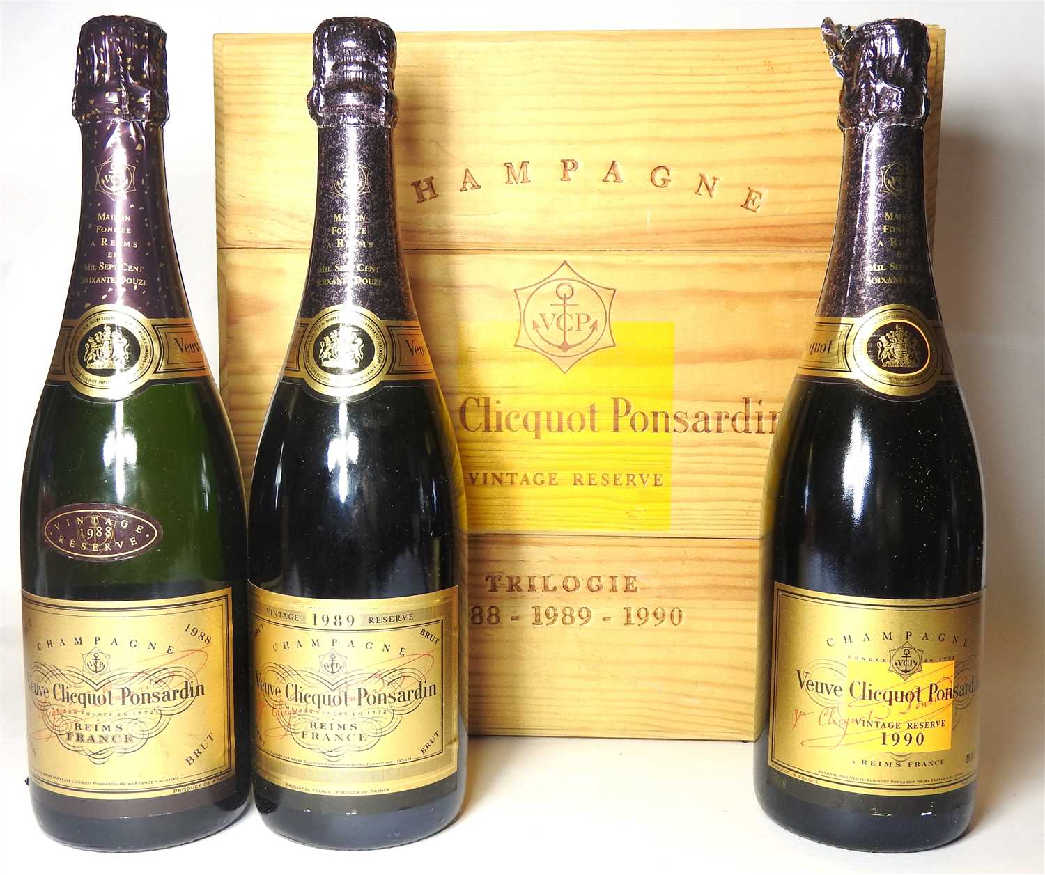 Lot 67 - Veuve Clicquot Ponsardin, Vintage Reserve, Triologie one bottle each 1988, 1989 and 1990 (owc)