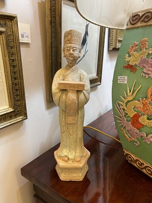 Lot 128 - A pair of Chinese Tang dynasty glazed terracotta burial figures (minggi)