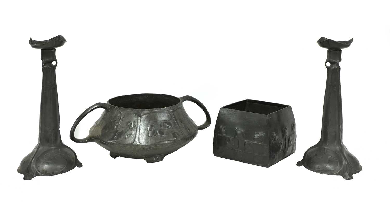 Lot 75 - A pair of Art Nouveau Kayserzinn pewter candlesticks