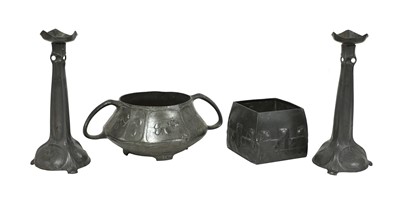 Lot 75 - A pair of Art Nouveau Kayserzinn pewter candlesticks