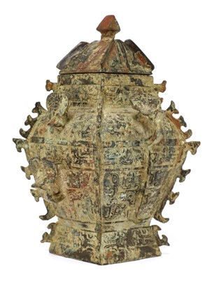 Lot 111 - A Chinese bronze ritual wine vessel and cover (lei)