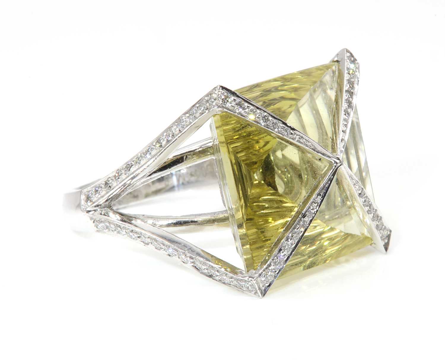 Lot 290 - A white gold lemon quartz and diamond ring, attributed to Amanda Wakeley, c.2007
