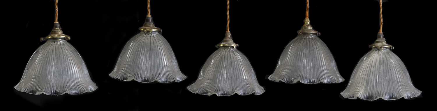 Lot 42 - Five moulded glass Holophane ceiling lights