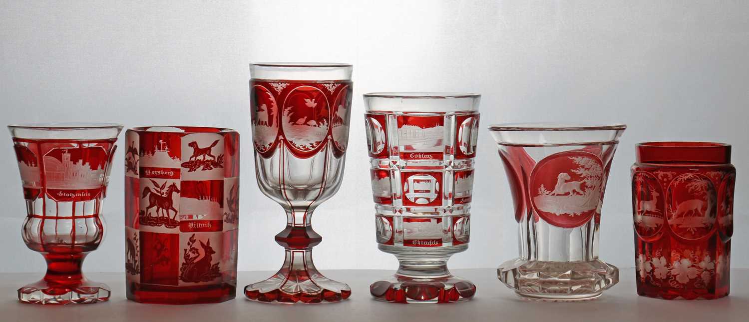 Lot 214 - A group of six Bohemian flashed glass spa beakers