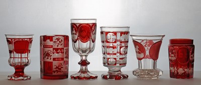Lot 214 - A group of six Bohemian flashed glass spa beakers