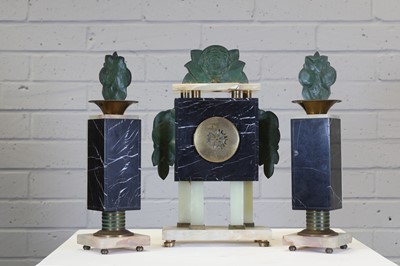 Lot 201 - A French Art Deco bronze-mounted onyx clock garniture