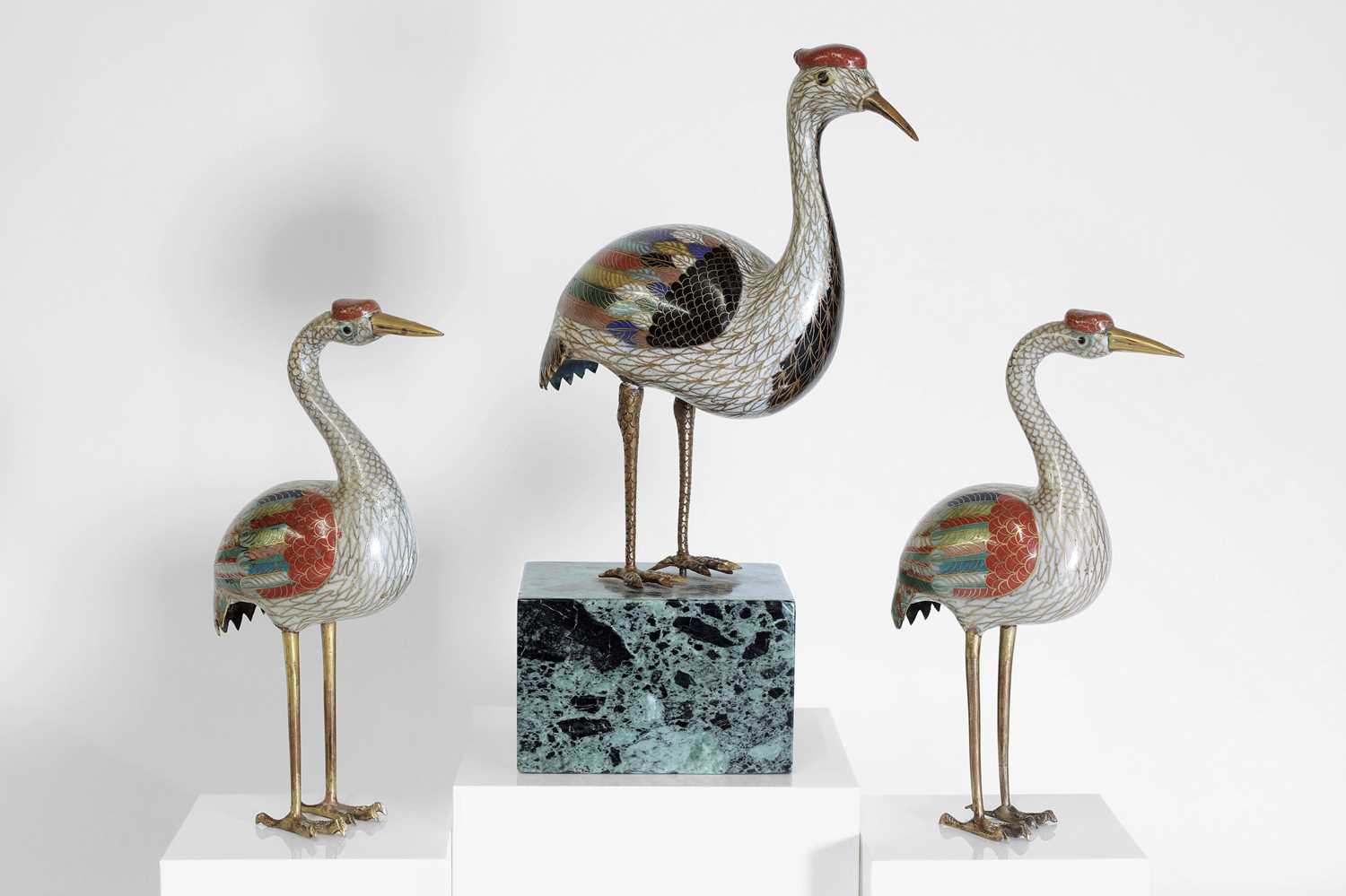 Lot 88 - Three cloisonné cranes