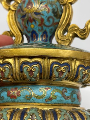 Lot 41 - A pair of gilt-metal-mounted cloisonné candlesticks