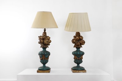 Lot 151 - A pair of painted wooden table lamps