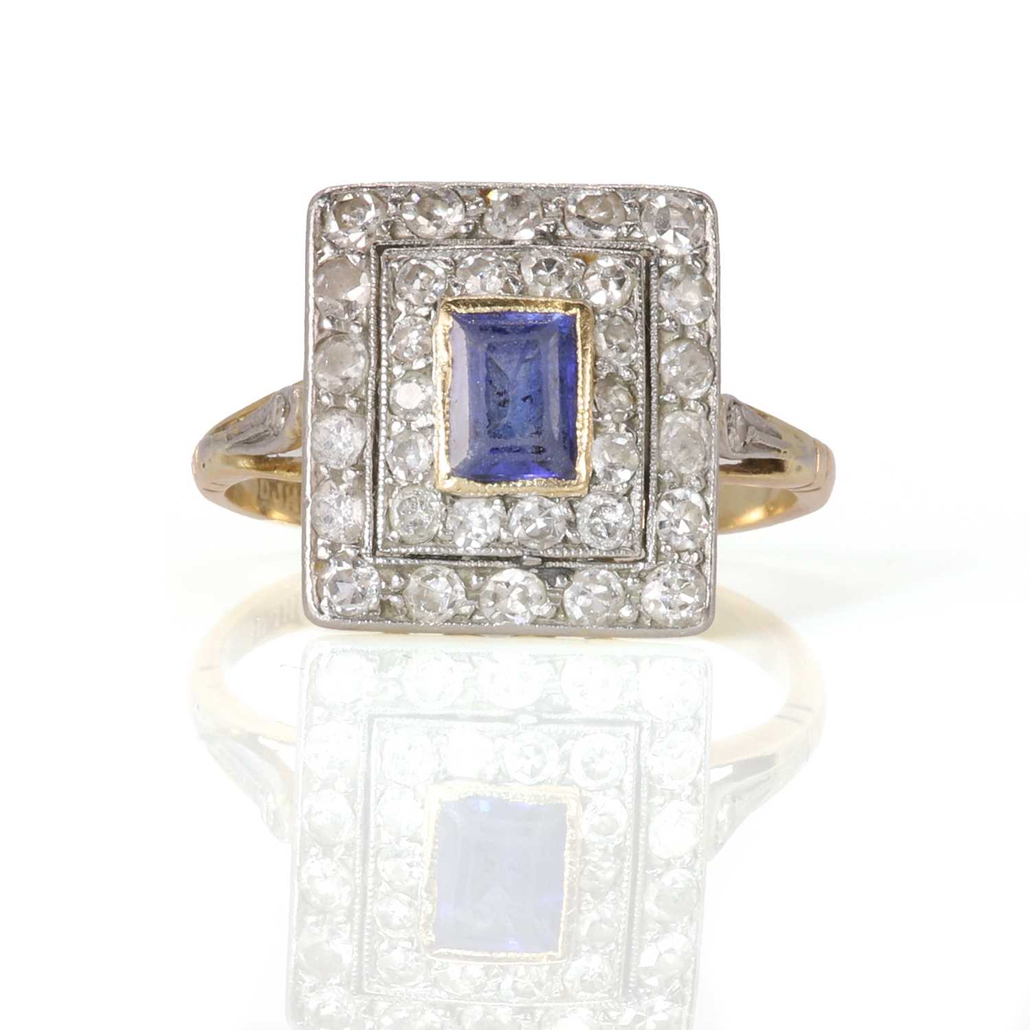 Lot 27 - An Art Deco style sapphire and diamond set square ring
