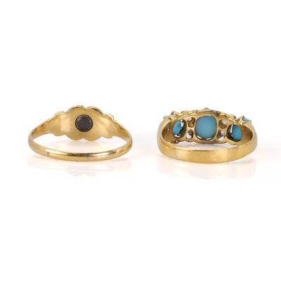 Lot 10 - A Victorian three stone turquoise and diamond ring, c. 1877
