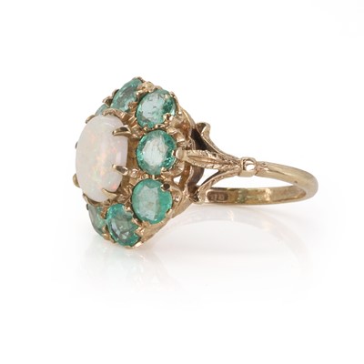 Lot 98 - A 9ct gold opal and emerald cluster ring