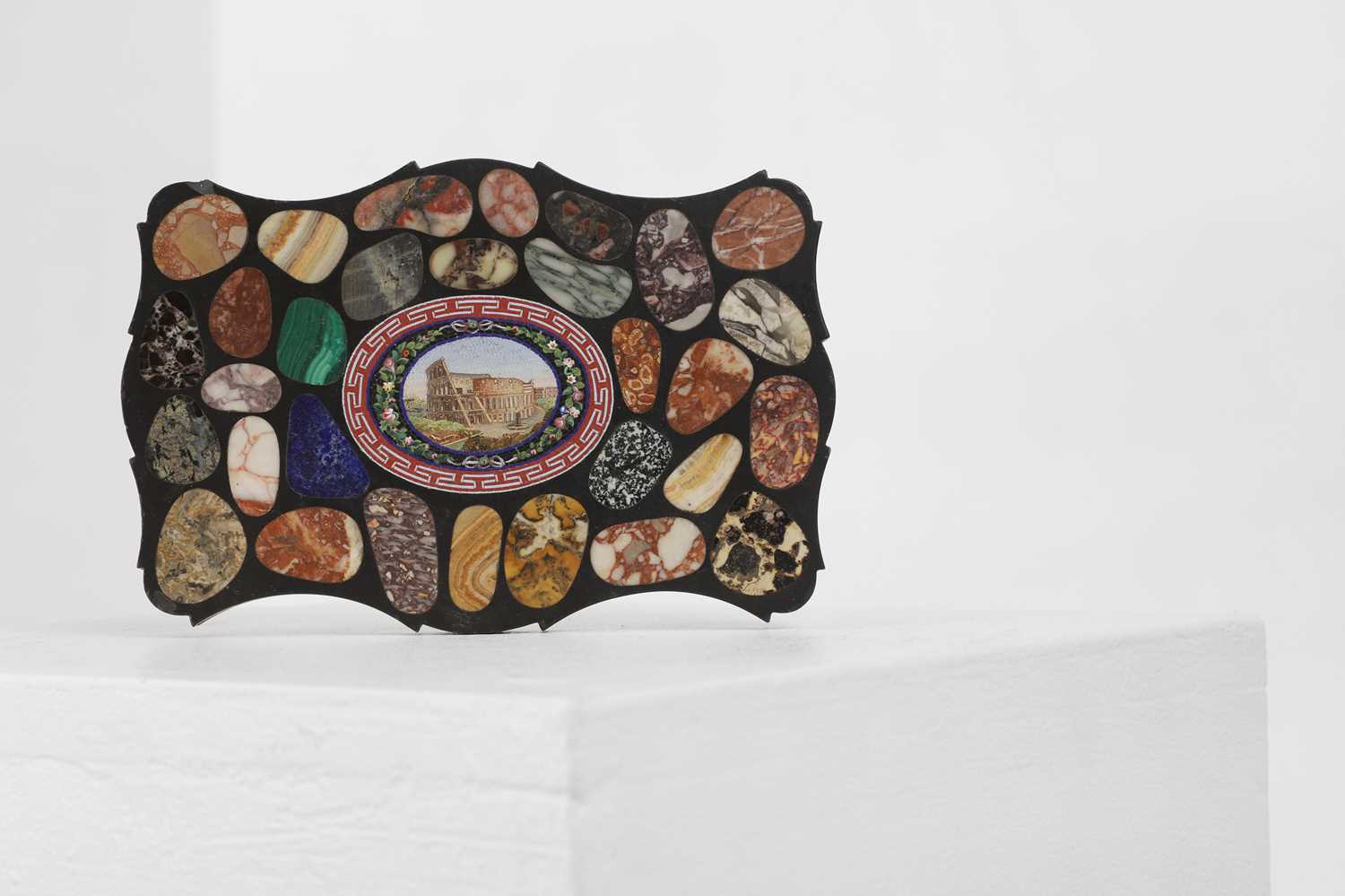 Lot 243 - A slate, marble and micromosaic desk paperweight