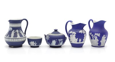 Lot 99 - Three Wedgwood blue Jasperware jugs