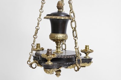 Lot 105 - A set of three Regency-style gilt and patinated bronze colza chandeliers