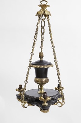 Lot 105 - A set of three Regency-style gilt and patinated bronze colza chandeliers