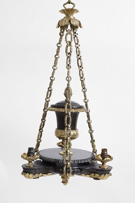 Lot 105 - A set of three Regency-style gilt and patinated bronze colza chandeliers