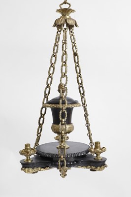 Lot 105 - A set of three Regency-style gilt and patinated bronze colza chandeliers