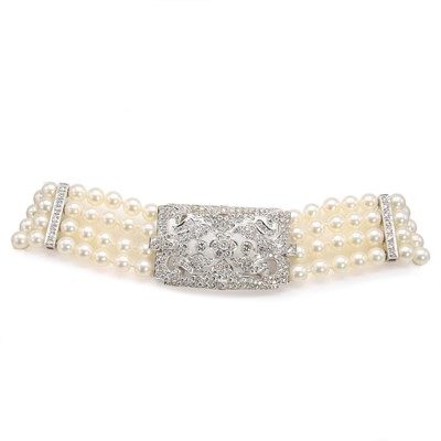 Lot 166 - A cultured pearl and diamond choker with detachable diamond plaque