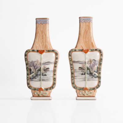 Lot 140 - A pair of Chinese faux bois-enamelled porcelain vases
