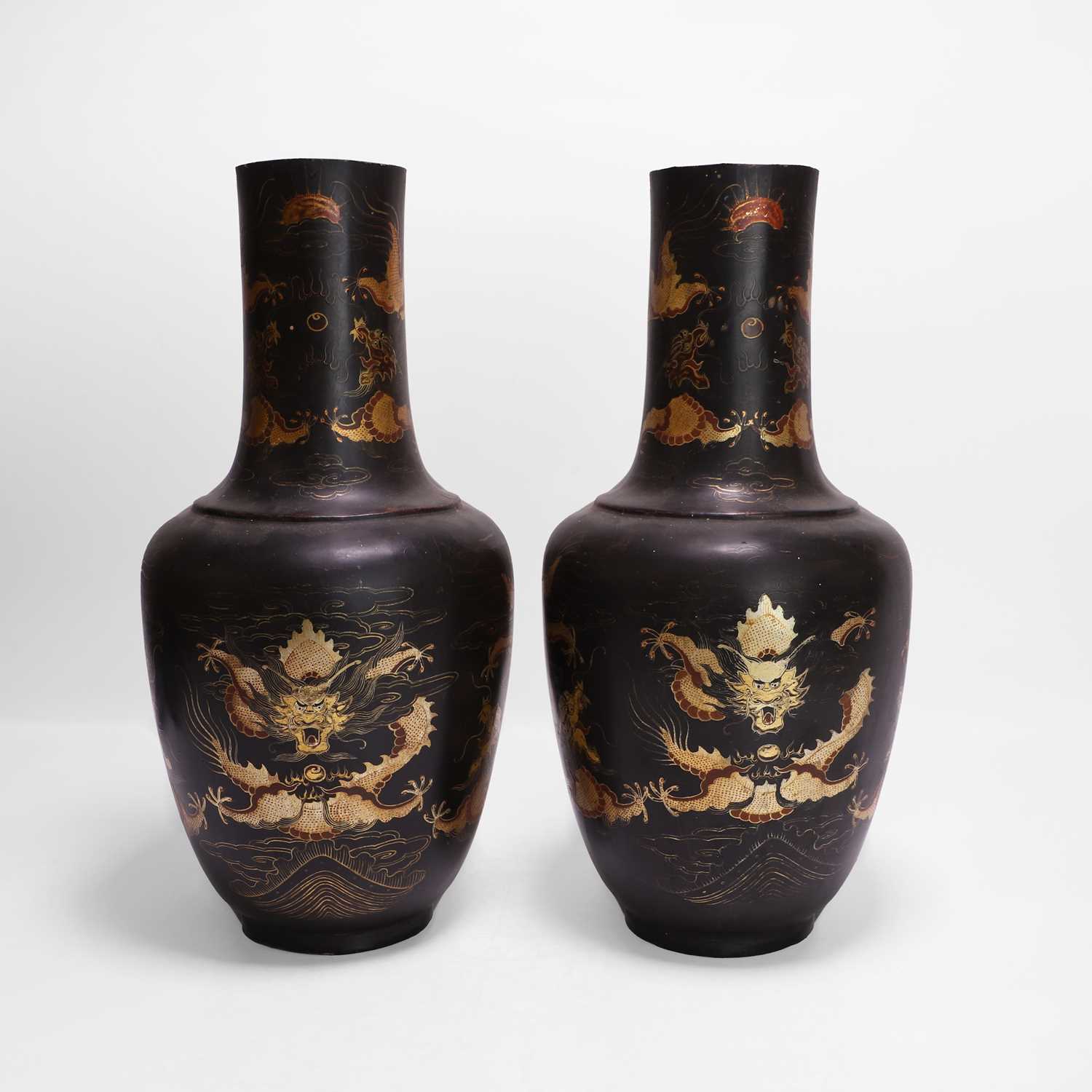 Lot 74 - A pair of Japanese lacquered papier mâché vases