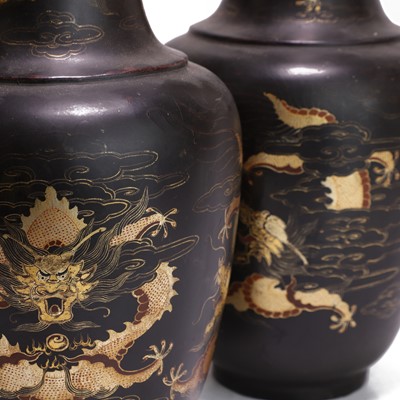 Lot 74 - A pair of Japanese lacquered papier mâché vases