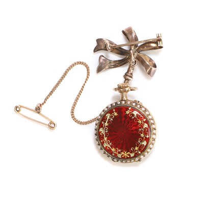 Lot 418 - A 14ct gold enamel and seed pearl fob watch
