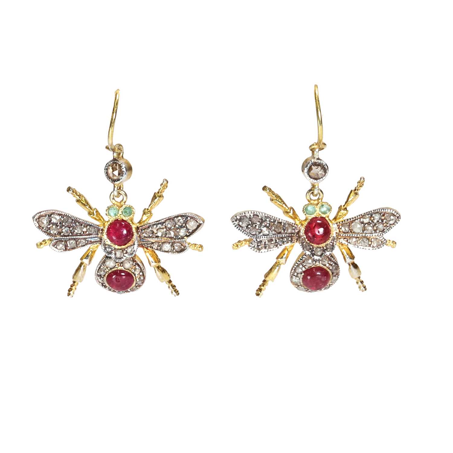 Lot 95 - A pair of silver gilt ruby, emerald and diamond bee drop earrings