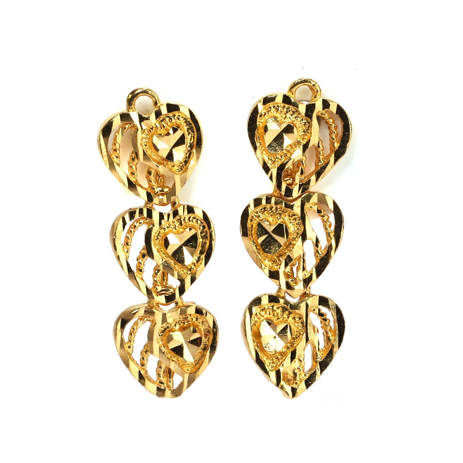 Lot 97 - A pair of heart shaped articulated drop earrings