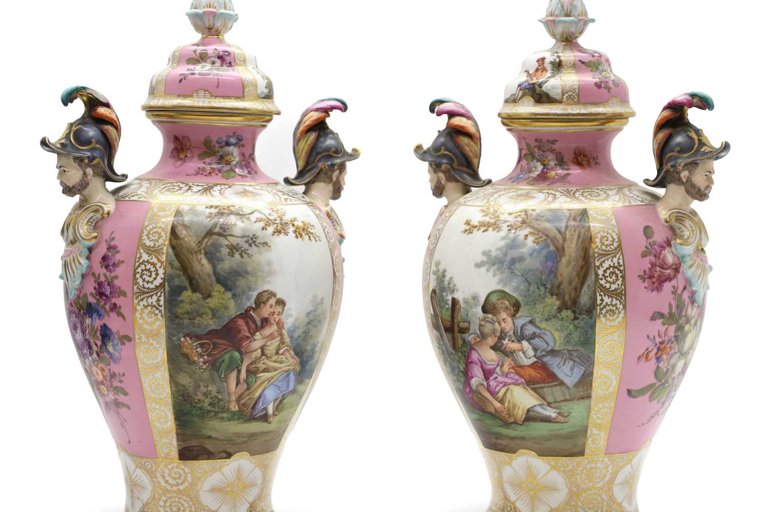 Lot 102 - A pair of Dresden porcelain vases and covers