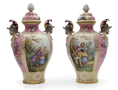 Lot 102 - A pair of Dresden porcelain vases and covers