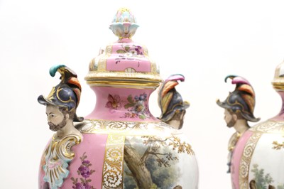 Lot 102 - A pair of Dresden porcelain vases and covers