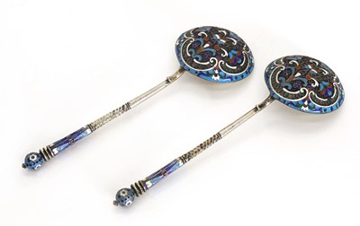 Lot 23 - A pair of Russian cloisonné and silver spoons
