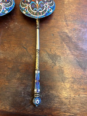 Lot 23 - A pair of Russian cloisonné and silver spoons