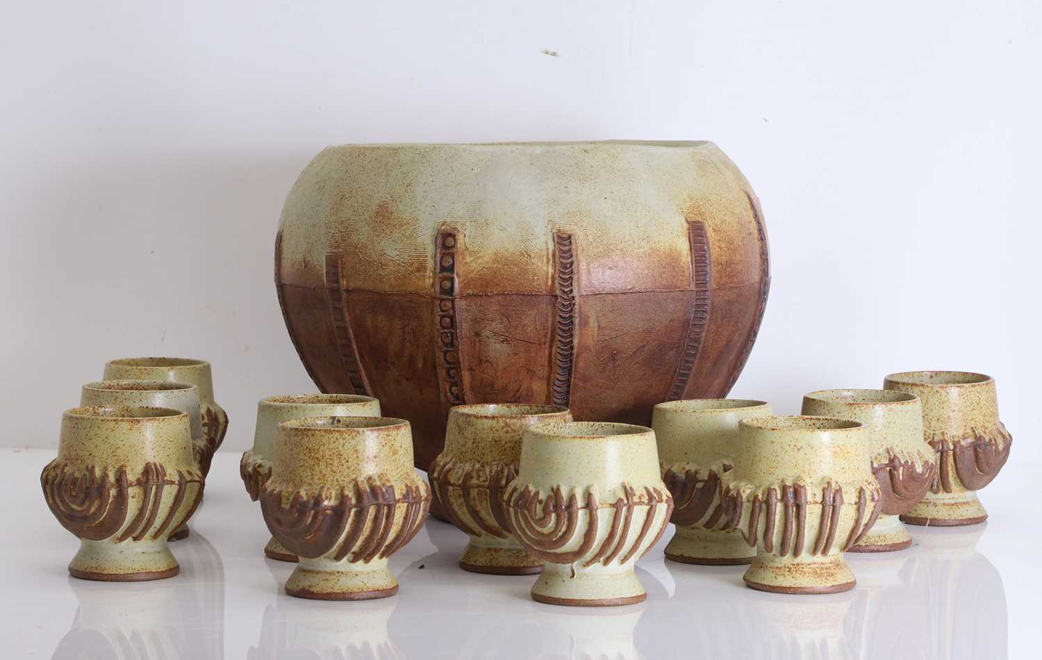 Lot 105 - A Bernard Rooke stoneware punch bowl and goblets