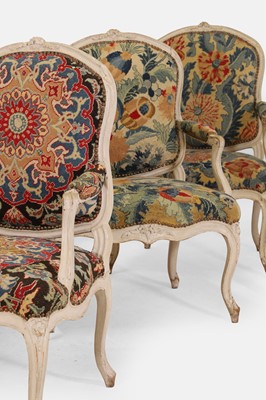 Lot 558 - A set of six Louis XV grey painted fauteuils