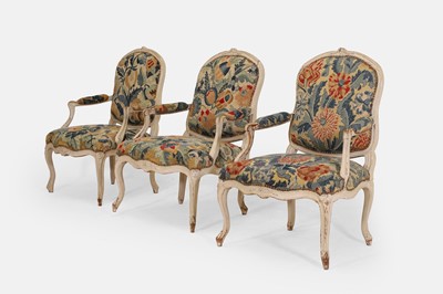 Lot 558 - A set of six Louis XV grey painted fauteuils