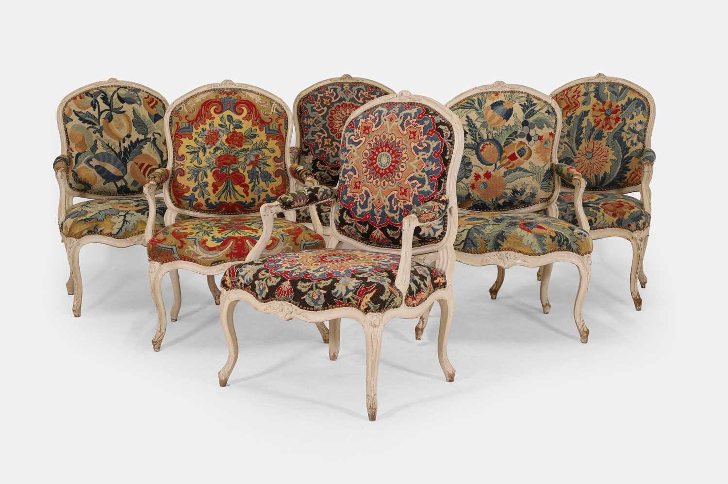 Lot 558 - A set of six Louis XV grey painted fauteuils