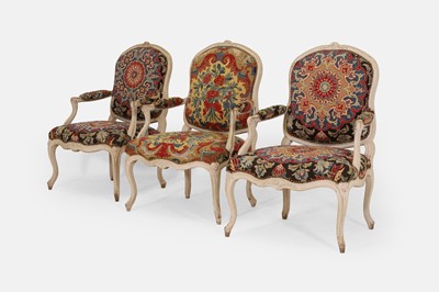 Lot 558 - A set of six Louis XV grey painted fauteuils