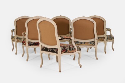 Lot 558 - A set of six Louis XV grey painted fauteuils