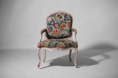 Lot 558 - A set of six Louis XV grey painted fauteuils