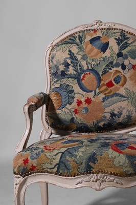 Lot 558 - A set of six Louis XV grey painted fauteuils