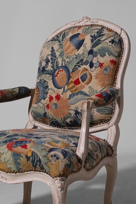 Lot 558 - A set of six Louis XV grey painted fauteuils