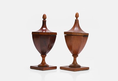 Lot 43 - A near pair of George III yew and satinwood urn tea caddies