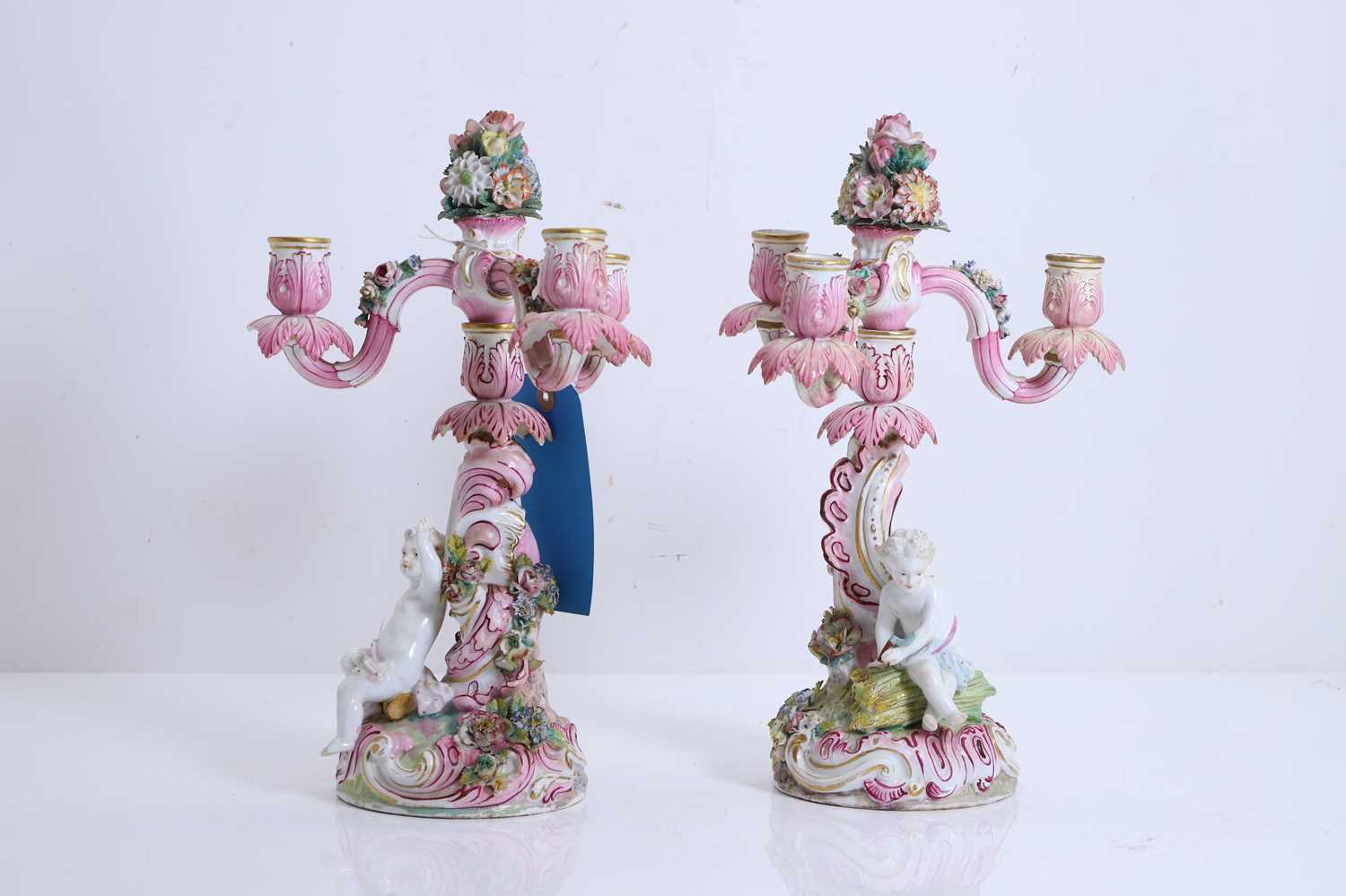 Lot 106 - Two Dresden style candlebra