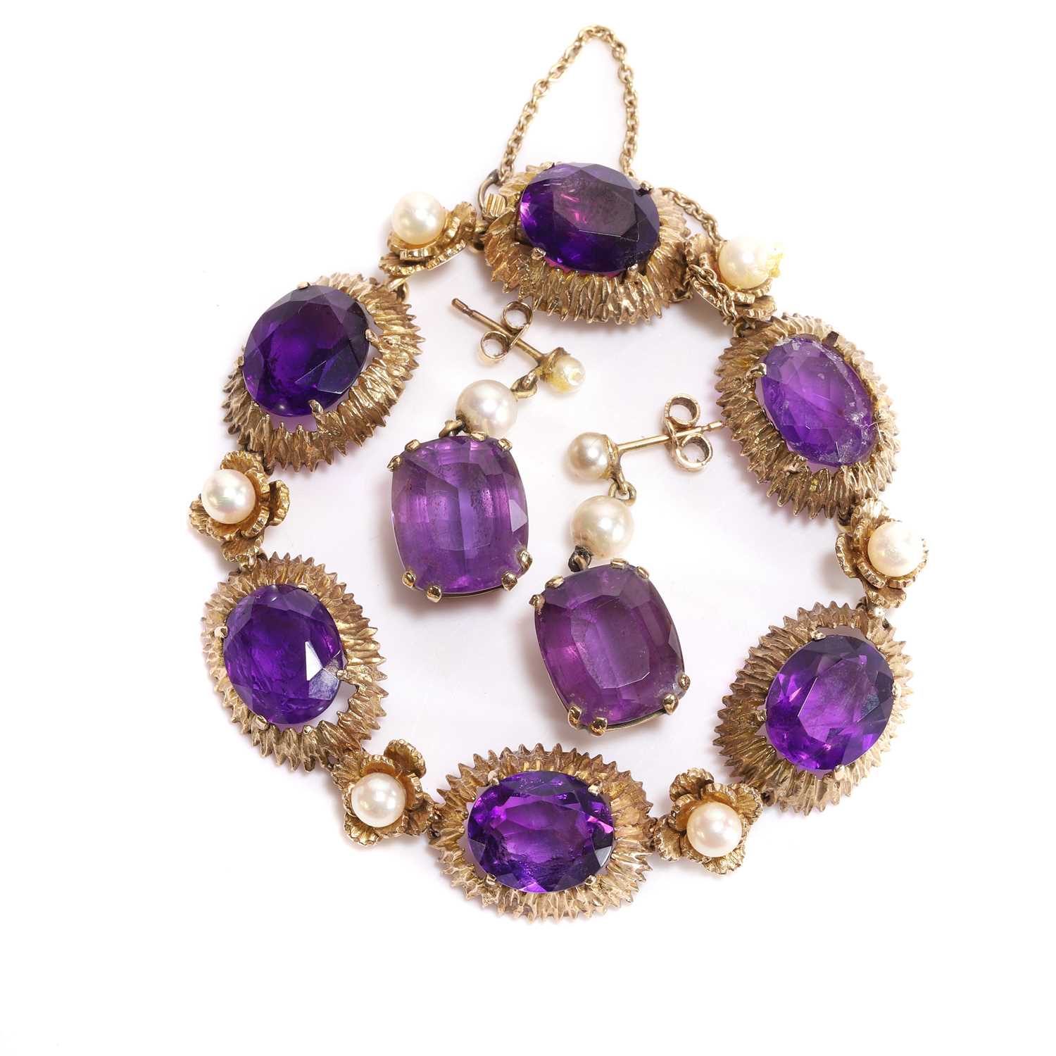 Lot 116 - A 9ct gold amethyst and pearl bracelet and a pair of earrings