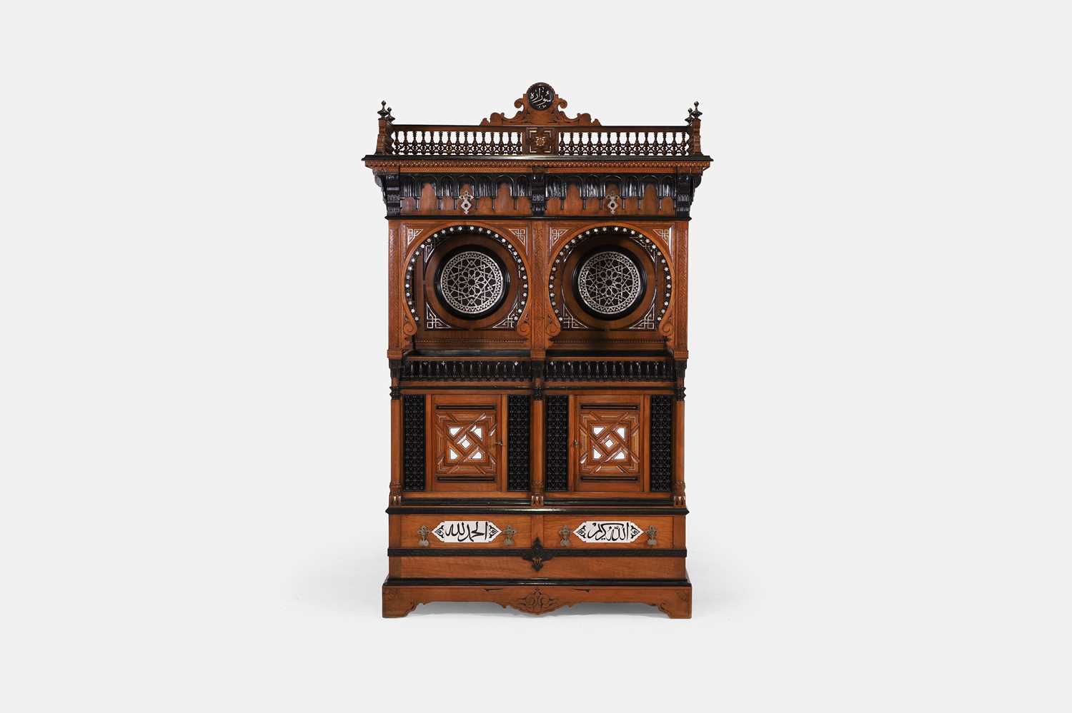 Lot 75 - An ivory, bone and mother-of-pearl inlaid walnut and hardwood 'Levantine' cabinet