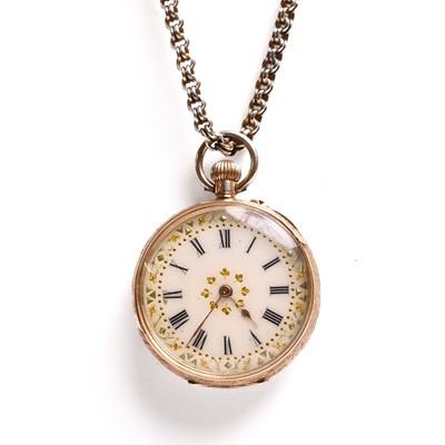 Lot 389 - A top wind open faced fob watch on chain