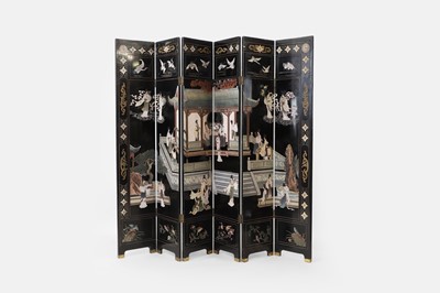 Lot 358 - A chinoiserie lacquer folding screen