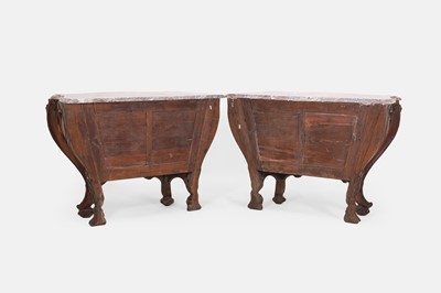 Lot 50 - A pair of rococo oak and marble bombé commodes